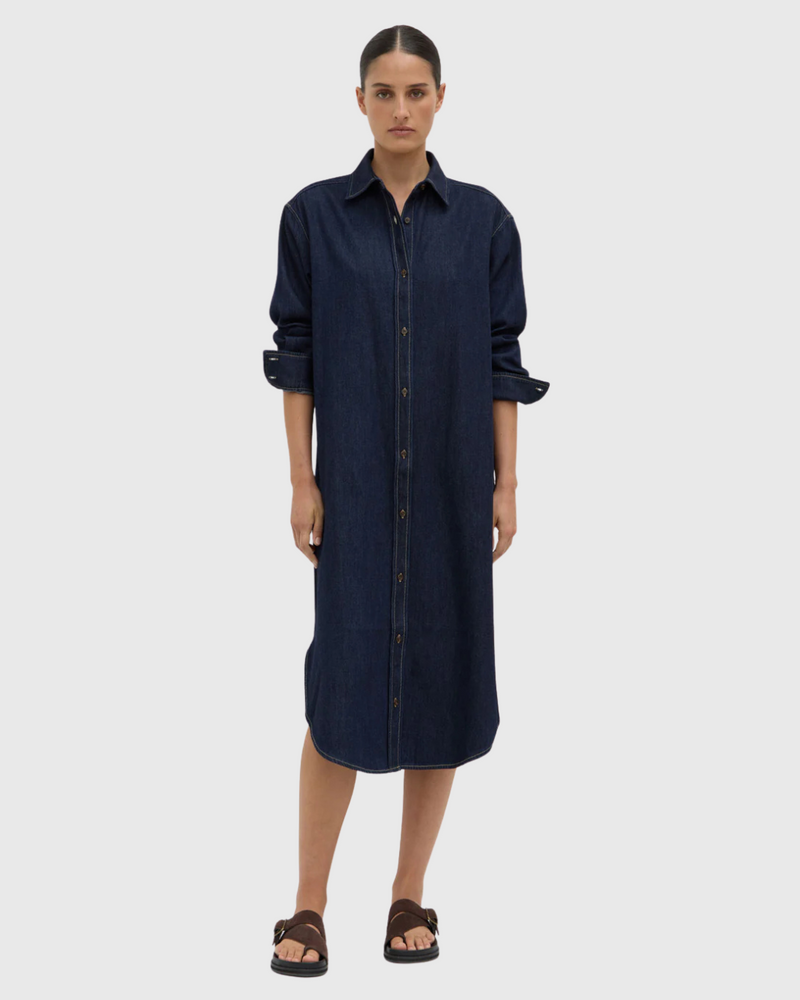 Kiera Recycled Denim Midi Shirt Dress Deep Indigo