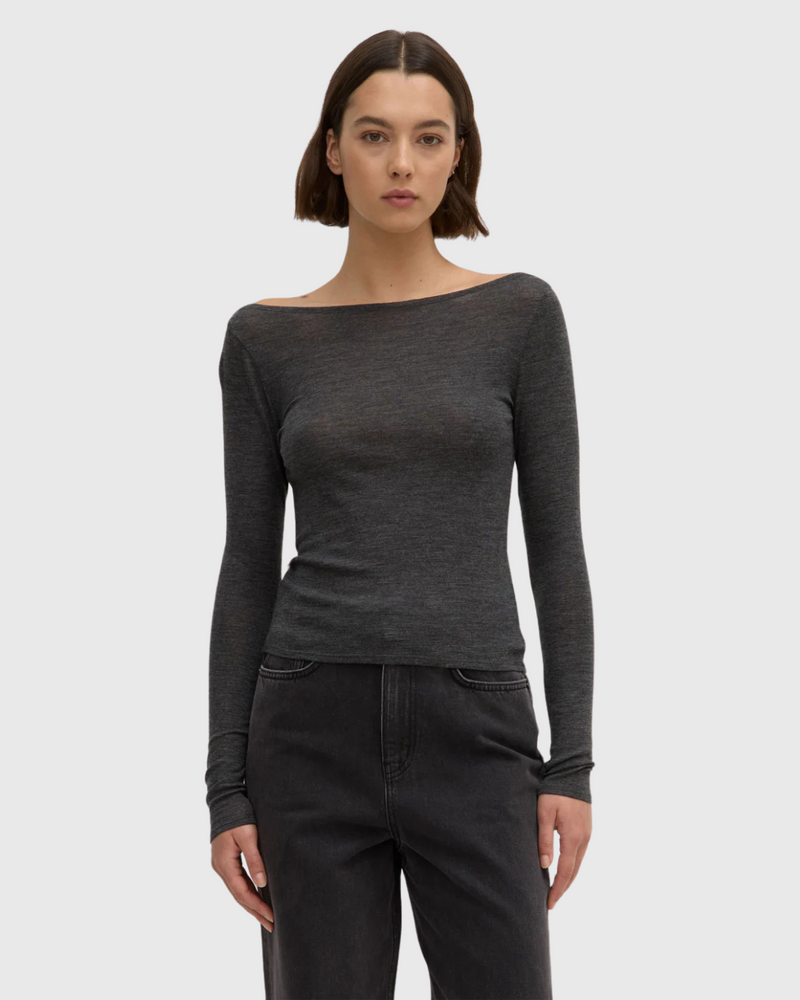 Shannon Wool Bateau LS Top Charcoal Marle