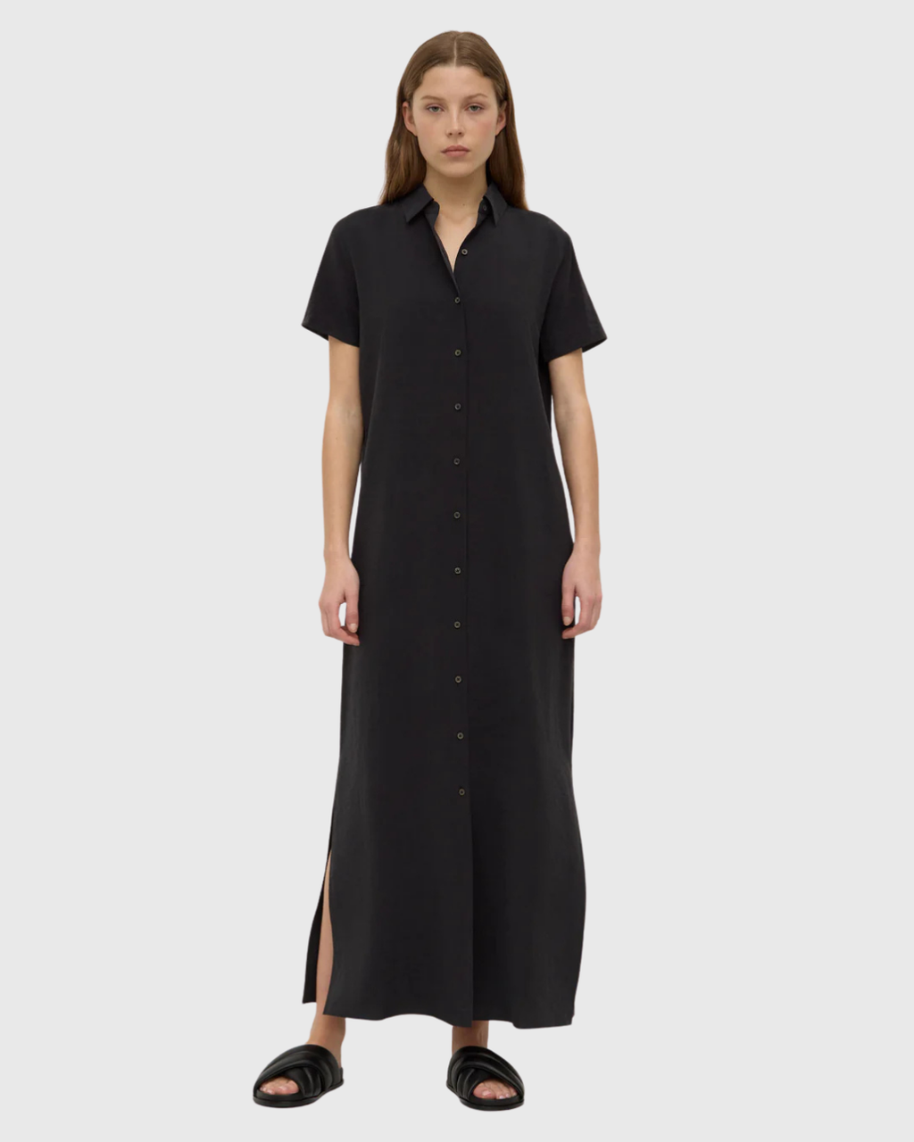 Heather Silk Blend Maxi Shirt Dress Black