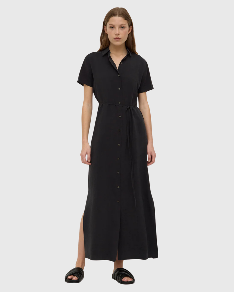 Heather Silk Blend Maxi Shirt Dress Black
