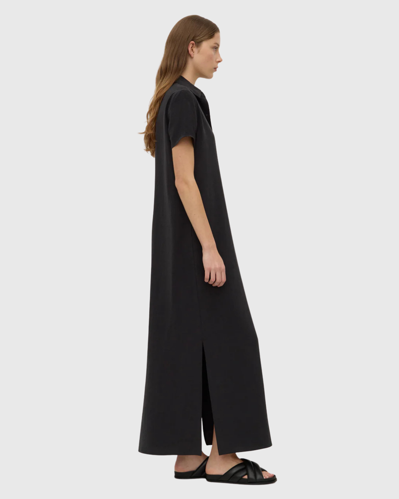 Heather Silk Blend Maxi Shirt Dress Black