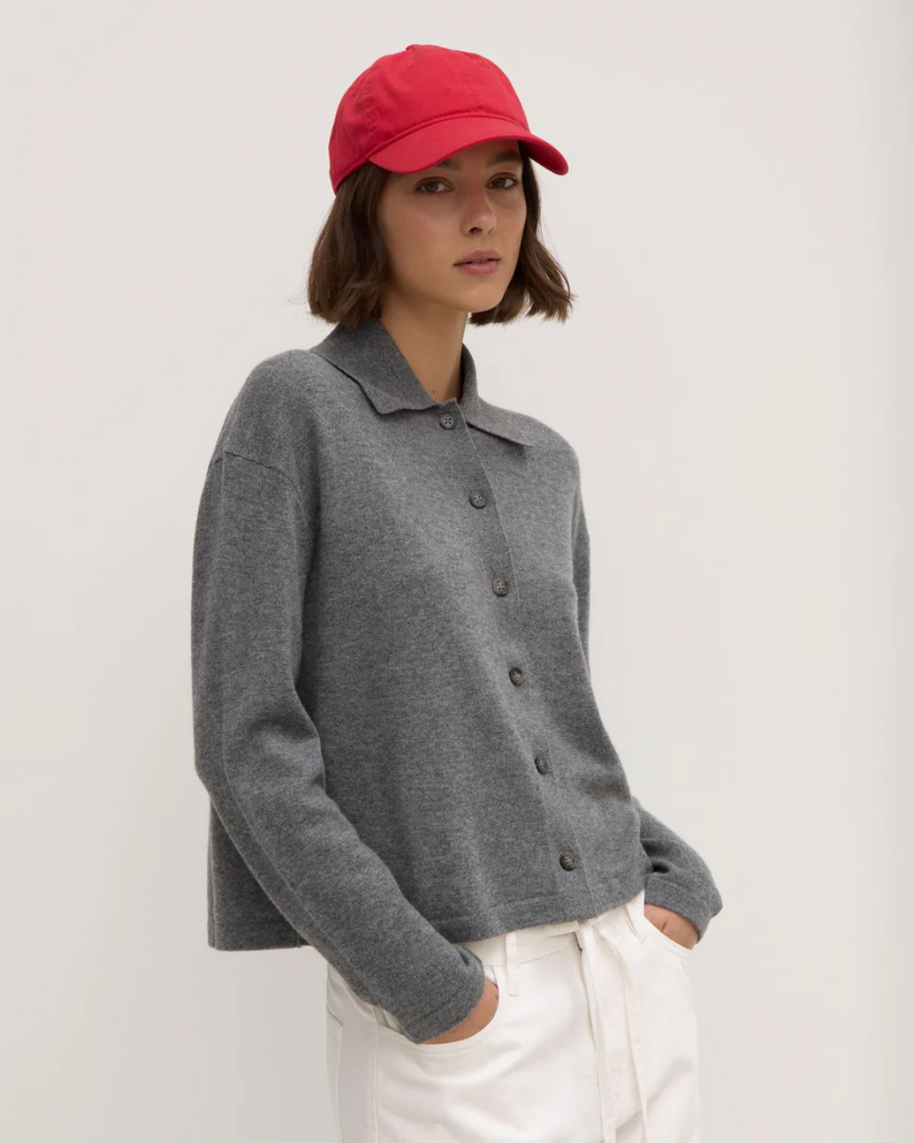 Wool Cashmere Knit Cardi Grey Marle