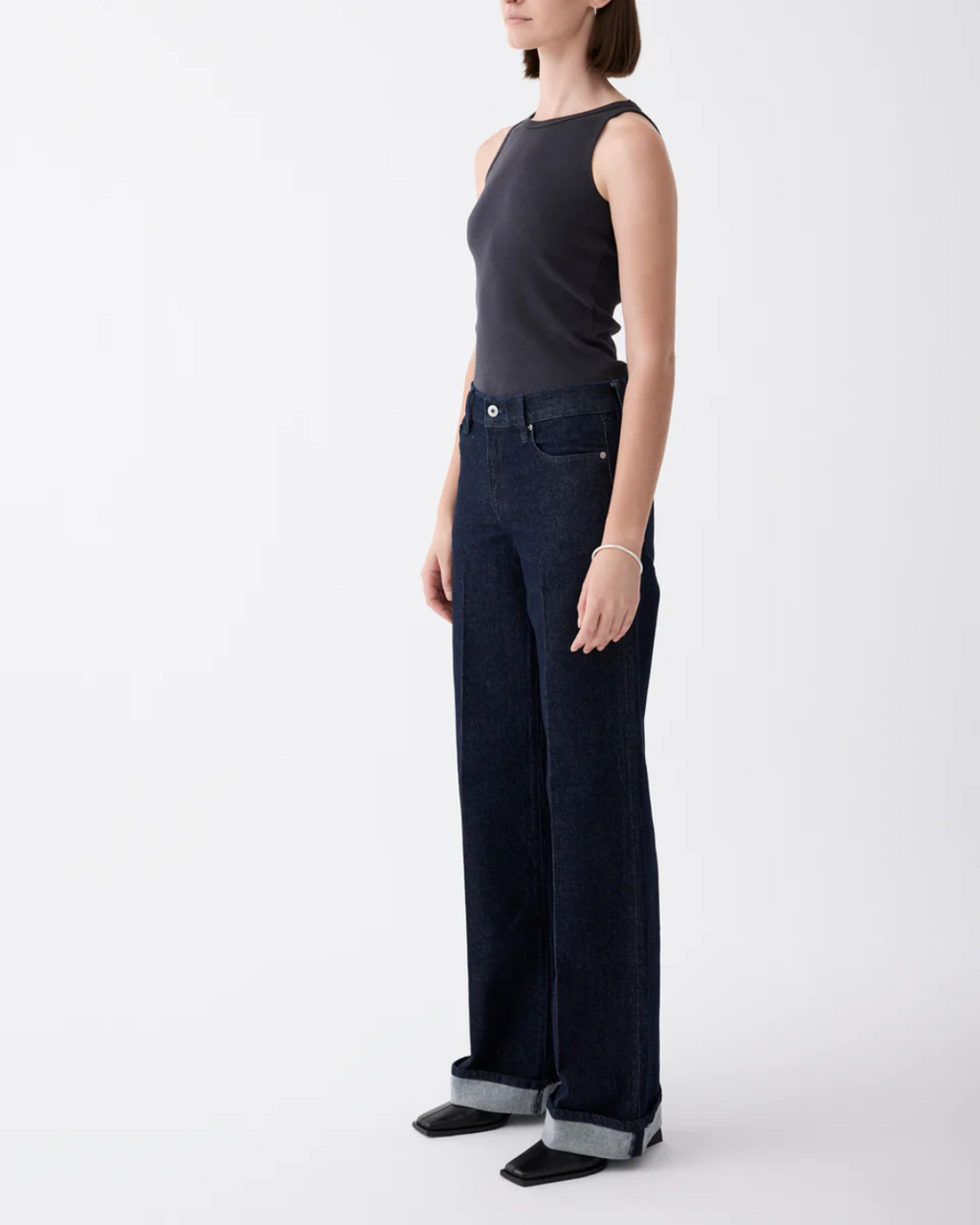 Mia Cuffed Mid Wide Long Jean Rinse
