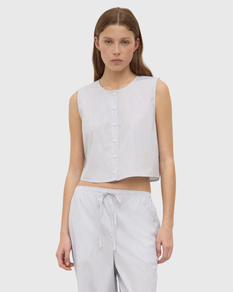 Cora Stripe Button Front Top White/Navy Stripe
